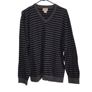 Vintage LLBean cashmere Cotton Sweater navy blue Grey striped vneck Men’s Large